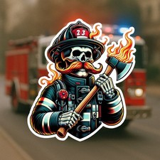3" Fiery Firefighter Skeleton Sticker, Decal, Skull, Axe, Gear, Work, Skelton