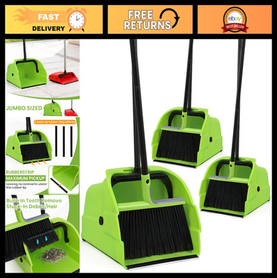 Jumbo 3PK Broom & Dustpan Set - Heavy Duty Long Handle for Indoor/Outdoor Cleani