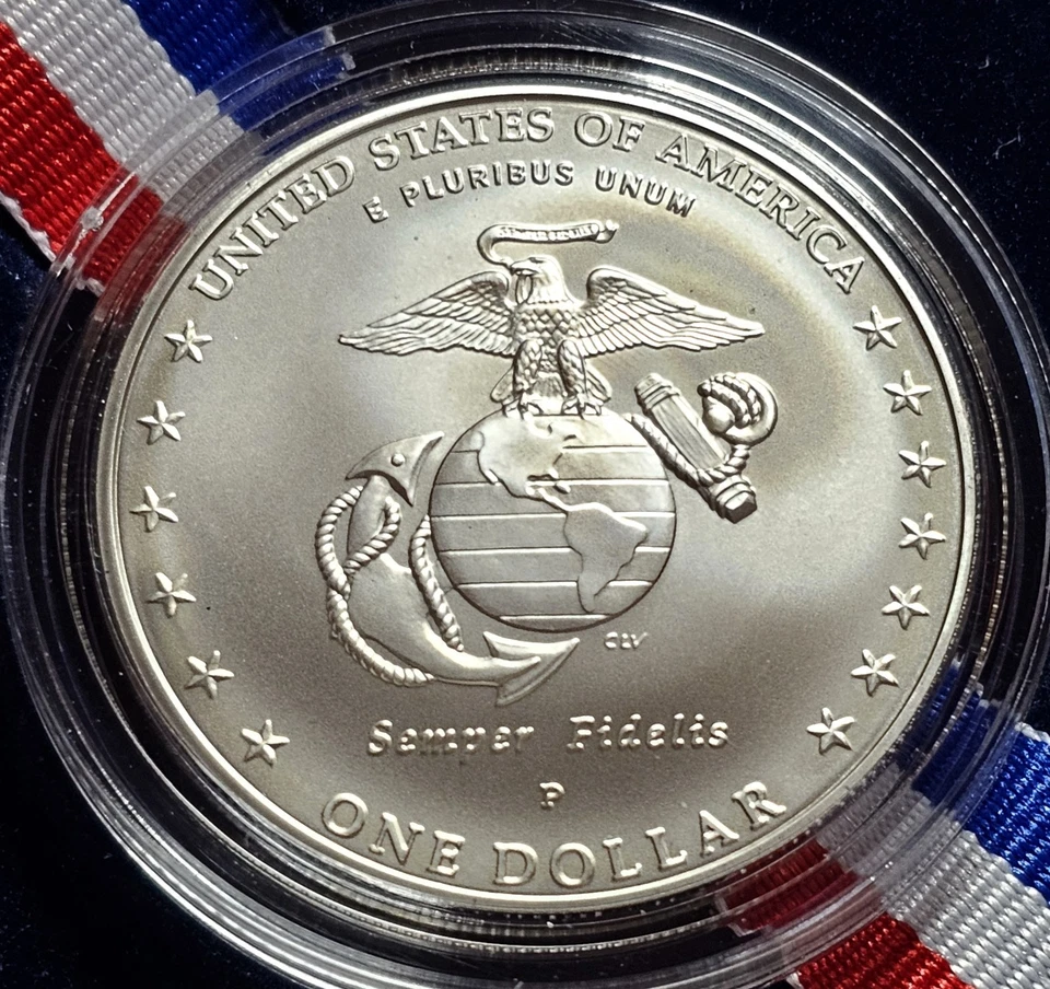 A Marine Corps 230th Anniversary Silver Dollar 2005 P Uncirculated OGP COA  - Image 2 of 4