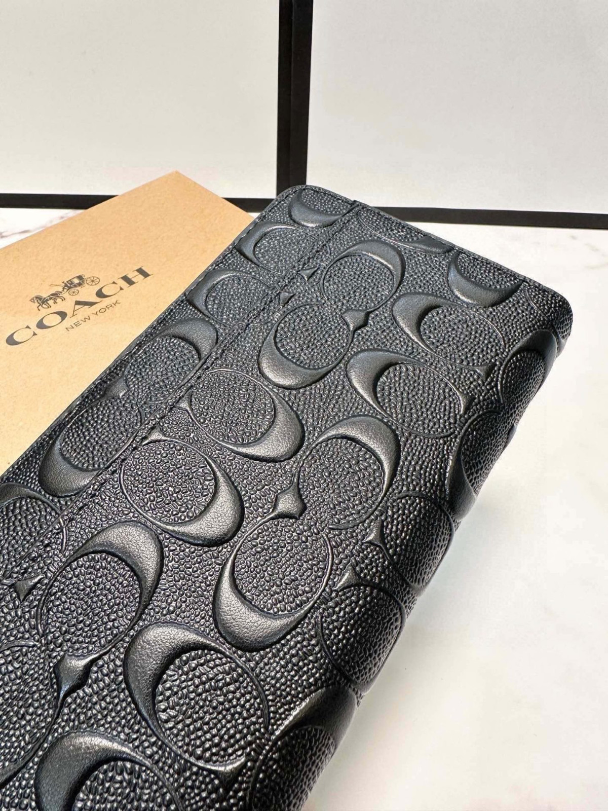 NEW  Coach Embossed Signature Black Leather Long Accordion Zip Wallet