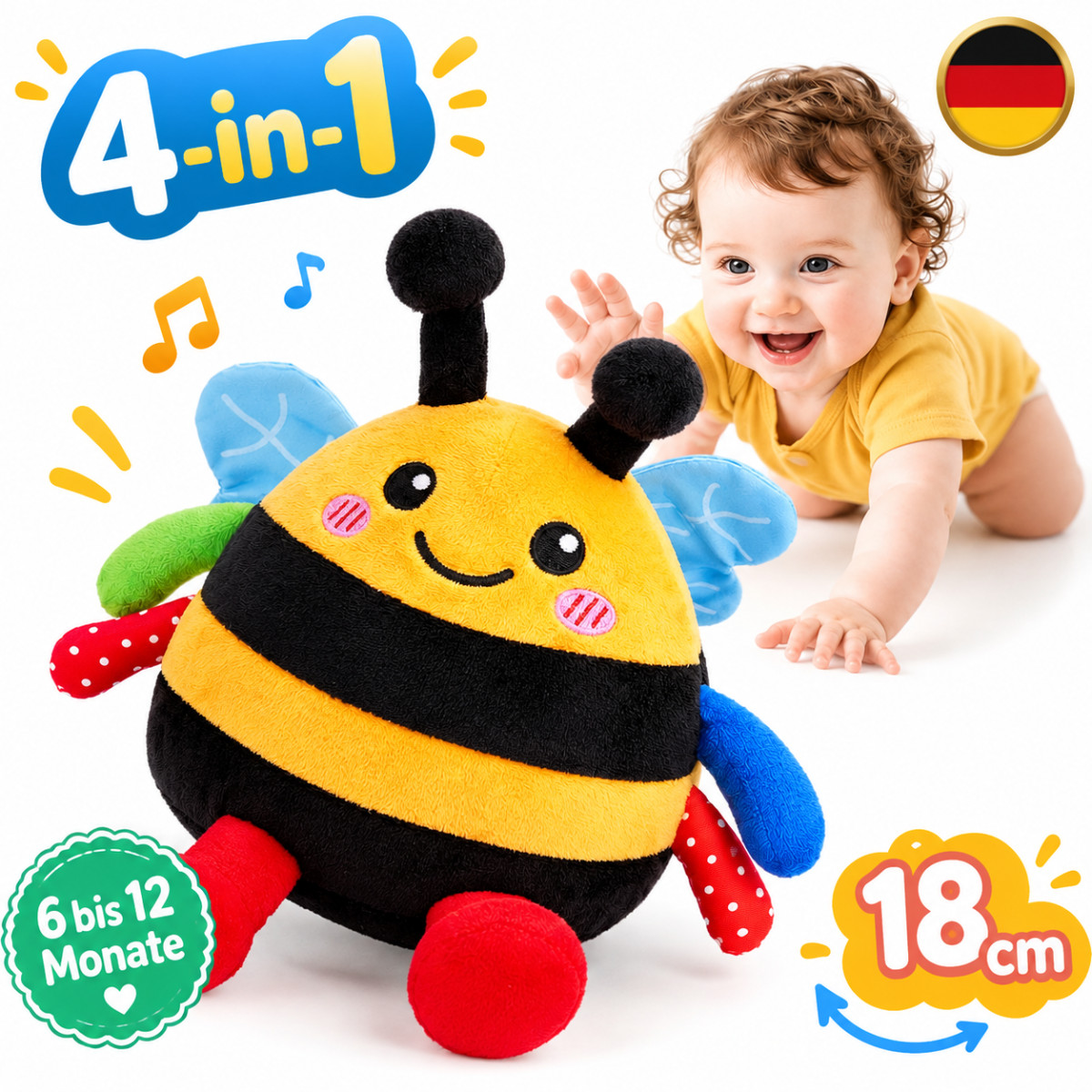 Spielzeug Biene mit Musik, Krabbelspielzeug für Babys ab 6 - 12 Monate, Gelb