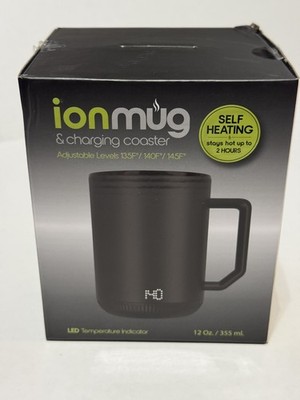 ionMug Self Heating Coffee Mug Charging Coaster 12oz Stainless Steel Black Lid