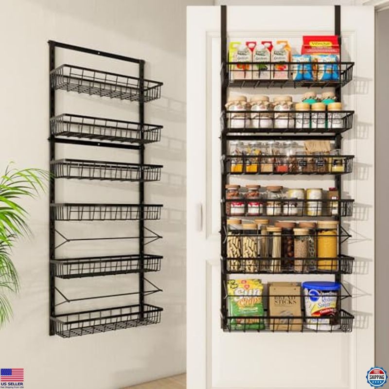 6-Tier Over Door Pantry Organizer with Adjustable Metal Spice Racks in Black