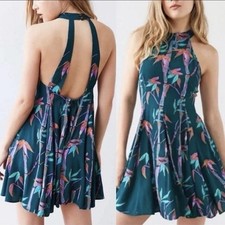 Kimchi Blue Dark Green Floral Print Open Back Halter Dress Small UO