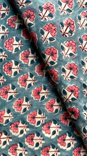 Dusty Blue Floral Motif Hand Block Printed Cotton Fabric By The Yard
