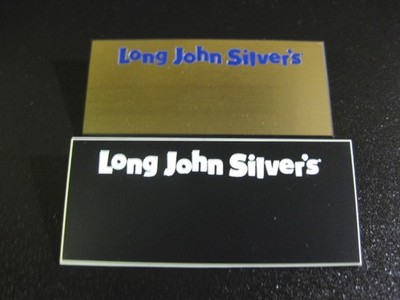 (2) LONG JOHN SILVER'S  ** Employee Uniform Name Badges TAGS! GOLD & BLACK!