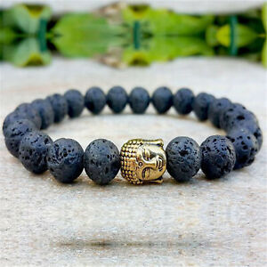 8mm Black Volcanic Lava Rock Stone Beads Bracelet Matte Buddha Head Bracelets
