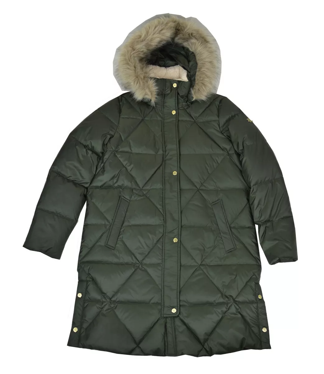 LRL Ralph Lauren Womens Olive Green Quilted Faux Fur Hood Puffer Coat S 7951 4