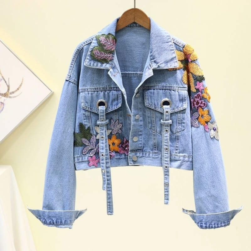 Spring Bf Loose Flower Embroidery Sequin Denim Jacket Women Short