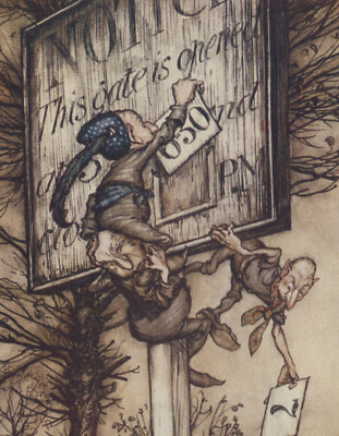Arthur Rackham 1906 Tipped-In Print Elves Change Gate Sign Peter Pan Kensington