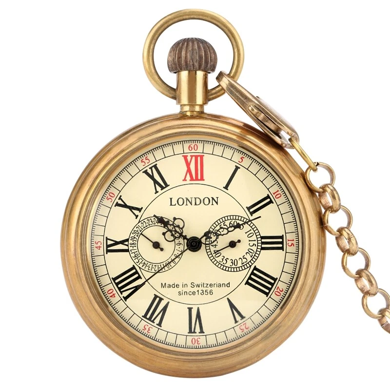 Men's Vintage Mechanical Pocket Watch Copper Open Face Luxury Fob Chain Watches - Image 2 of 4