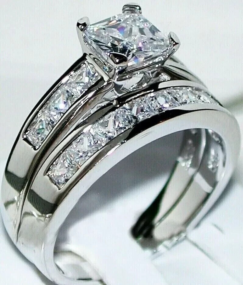 4.Ct Princess Cut Lab Created Diamond Bridal Ring Band Set 14k White 925 SILVER