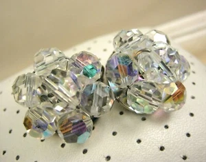 Vintage 60s Silver Tone Flower Bead Rainbow Rhinestone Cluster Clip On Earrings