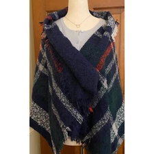 Tartan Plaid Blanket Wrap Scarf Shawl Women OS Blue Green Soft Warm Cozy Winter