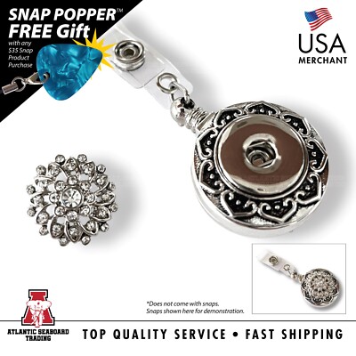 Flower Motif Border Snap Button Badge Reel, Retractable ID Holder, Snap Clip