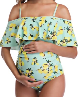 NWT Women s Summer Mae Maternity Swimsuit 1 Piece Green Yellow Lemons Size Small