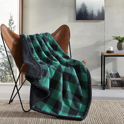 Throw Blanket, Reversible Sherpa Flannel Bedding, Buffalo Plaid Home Decor Green