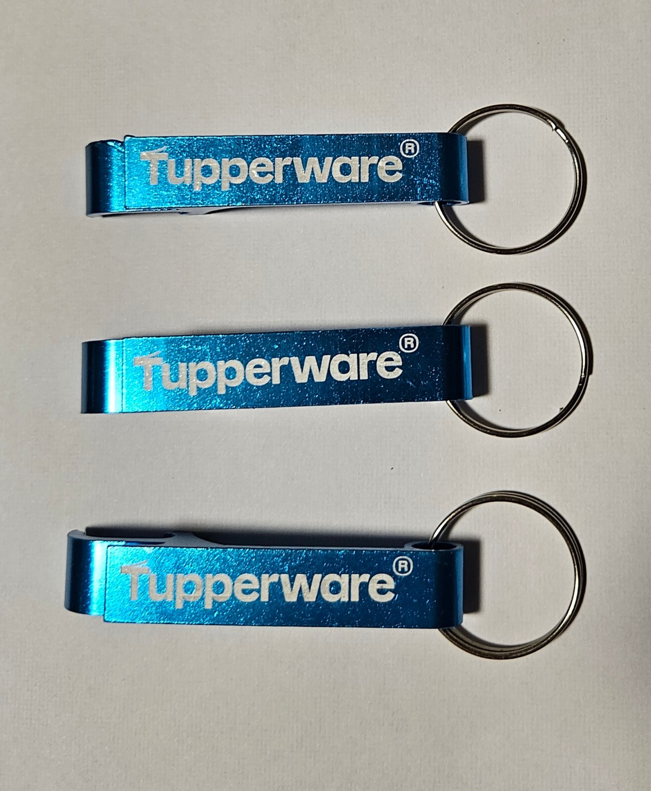 Tupperware 3x Flaschenöffner mit Schlüsselring Schlüsselanhänger blau
