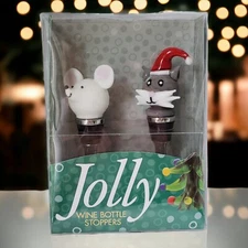 Christmas LS Arts Jolly Wine Bottle Stoppers Handmade Art Glass Cat & Mouse
