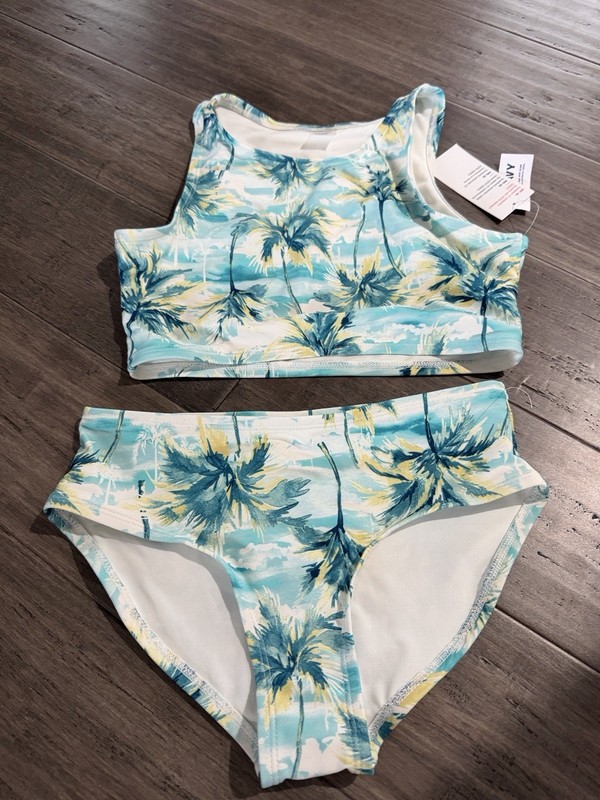 NWT Old Navy 2 Piece Swimsuit Tankini Tropical L 10 12 Palm Trees Girls