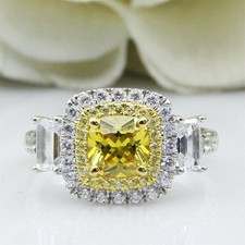 2 Ct Canary Yellow Cushion Cut Diamond Halo Engagement Ring 14k White Gold Over