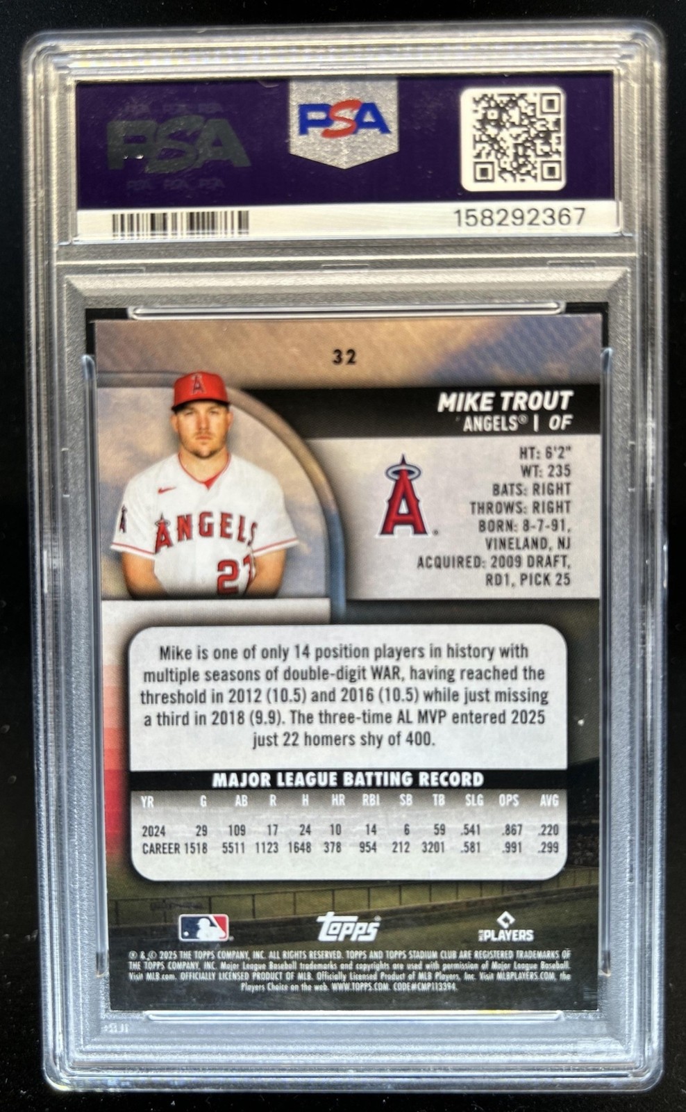 2025 Topps Stadium Club Mike Trout Gold Foil #/50 Angels PSA 7 view 2