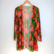 WOMEN S Tropical Leaf Sheer Cover-Up Cardigan Kimono Orange Multicolor Large