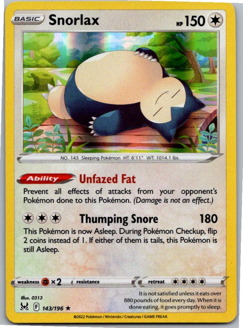 Snorlax Holo Rare SWSH11: Lost Origin 143/196 NM