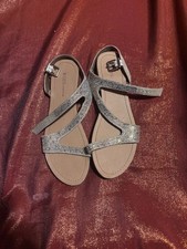 BCBGeneration Sandals Womens Silver Rhinestone Flat Ankle Strap Buckle Dress