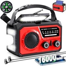 16000mAh Hand Crank Emergency Weather Radio with Wireless Speaker, 59200mWh Red