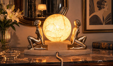 French Art Deco Figural Lamp Max Le Verrier Attrib Bronze Maidens Marble Globe