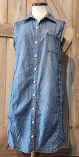 Gap Womens Denim Sz Sm Shirt Dress Button Down Blue Sleeveless Lightweight Raw