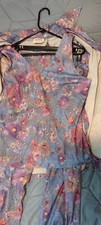 Vintage 1970s blue Floral handsewn 3pc Pantsuit,jacket.sleeveless shirt,pant M/L