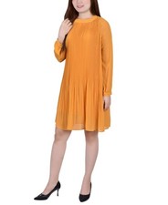 NY Collection Womens Petite Long Sleeve Pleated Dress Mustard Size PS NWT
