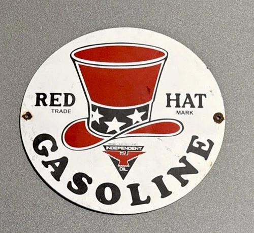 VINTAGE 12” RED HAT GASOLINE PORCELAIN SIGN CAR GAS MOTORCYCLE OIL
