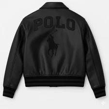 Varsity Bomber Jacket: Genuine Cowhide Leather, All Black Color | Polo RL