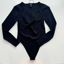 BOOHOO Black Ribbed Chest Cross Cutout Bodysuit Size Large