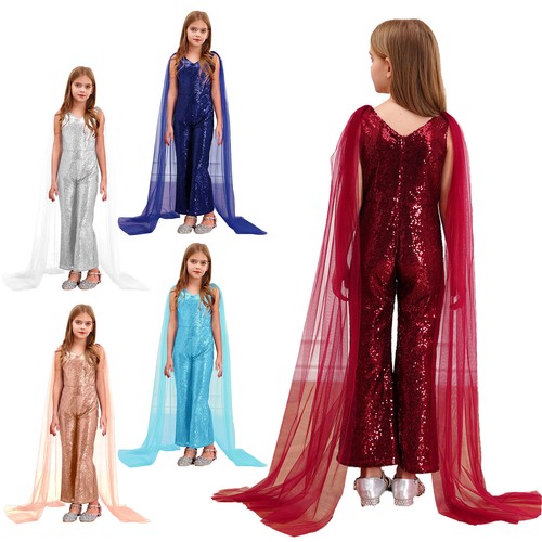 Kids Girls Jumpsuit Party Rompers Gown Bodysuit Wide Leg V Neck Cape Sleeve - Picture 3 of 48