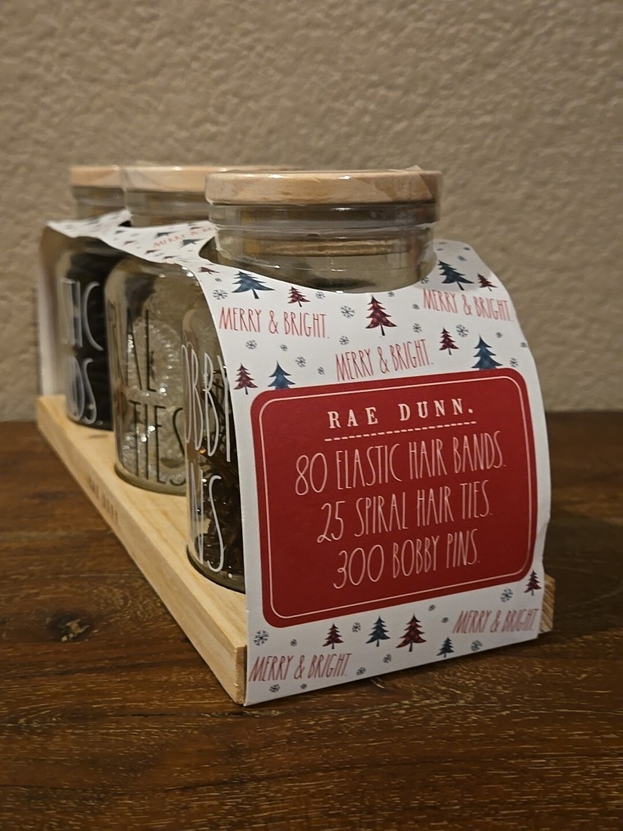 Rae Dunn Set Small Glass Jar w/Wood Lid with Bobby Pins Hair  display picture 1