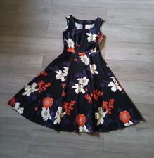 Lady Vintage Black Floral Stretch Cotton Flared Dress Wedding Holiday Party UK10