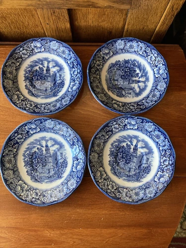 Set Of 4 Vintage Liberty Blue Tea Cup Saucers "Old North Church" 5 3/4"