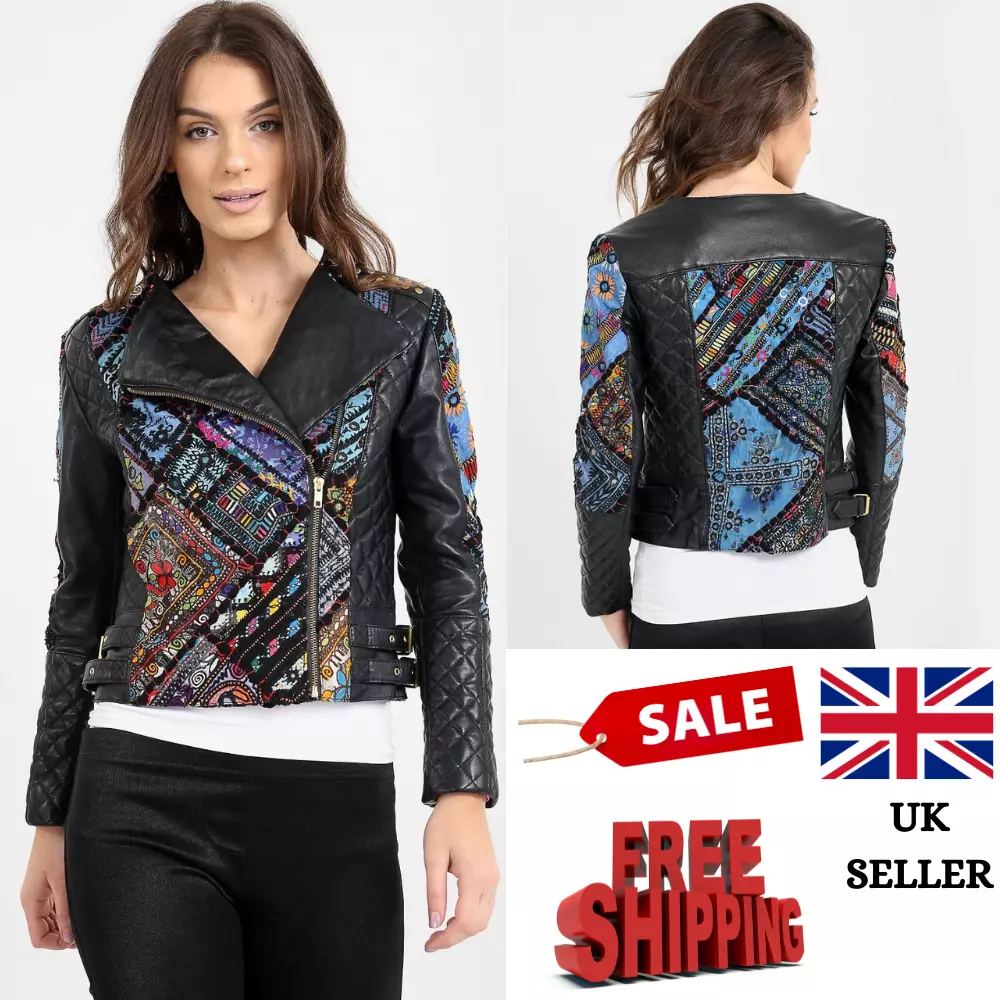 Ladies Leather Biker jacket with Fabric hand made panels Sizes 8