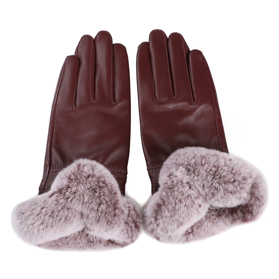 Women's Winter Warm Genuine Leather Gloves Rex Rabbit Fur Trim Cuff Velvet Lined - Image 4 of 4