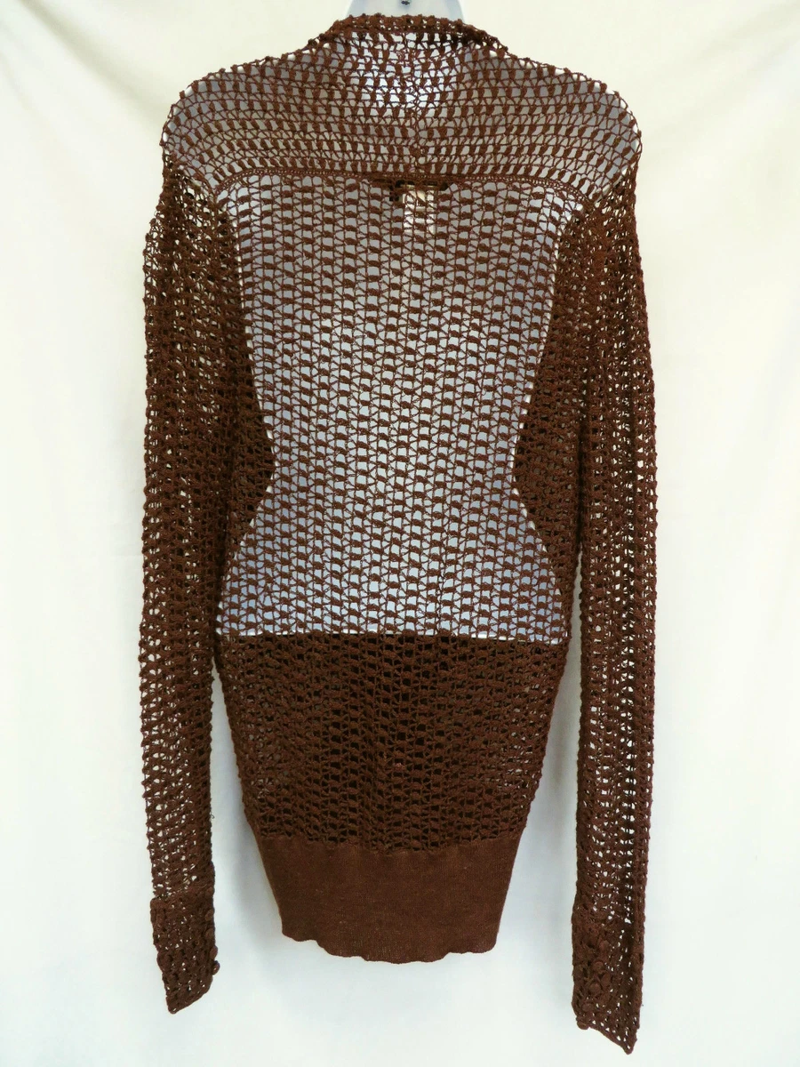 BCBG MAX AZRIA Womens Brown Open Knit Crochet Faux Wrap Sweater