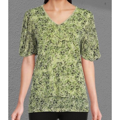 Skyes The Limit Women T-Shirt Green Size XL Ditsy Flora V-Neck Lined Stretch