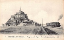 France Le Mont Saint Michel View from Dike Steam Train vintage postcard