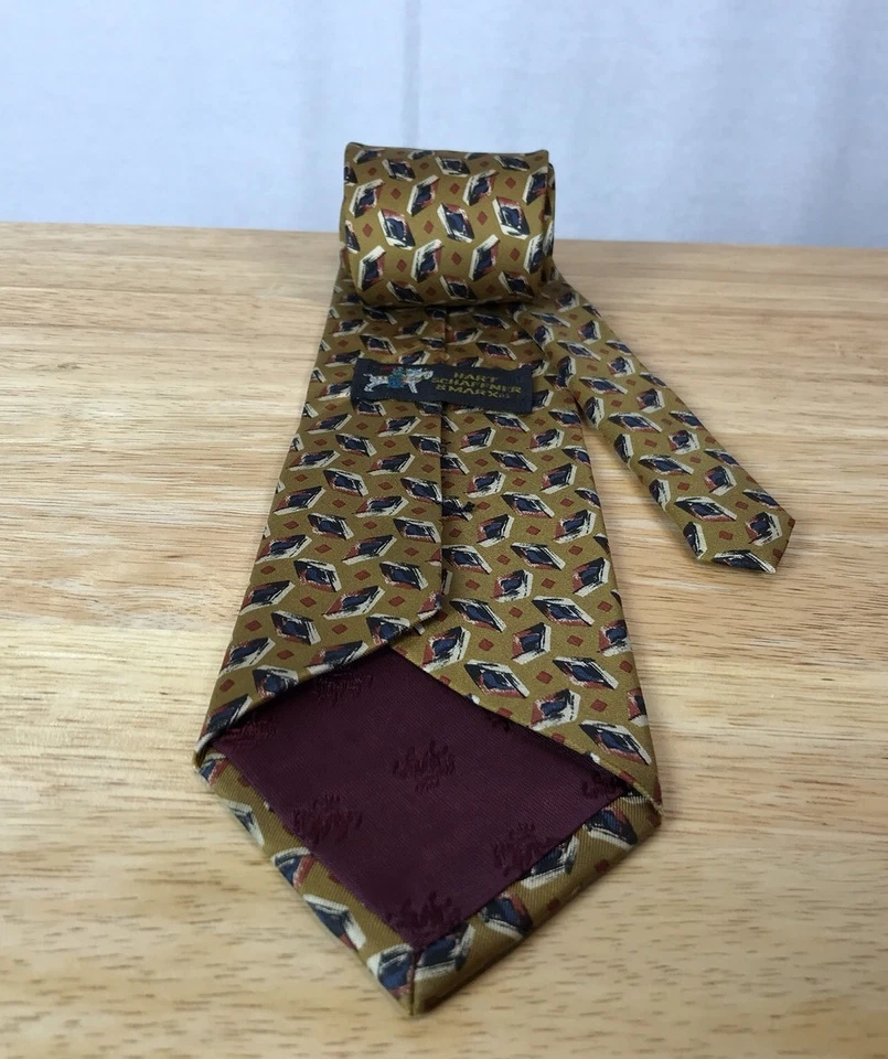 Мужской винтажный галстук Hart Shaffner Marx 3,75 дюйма/58 дюймов медный бриллиант синий геометрический шелк - Изображение 3 из 4