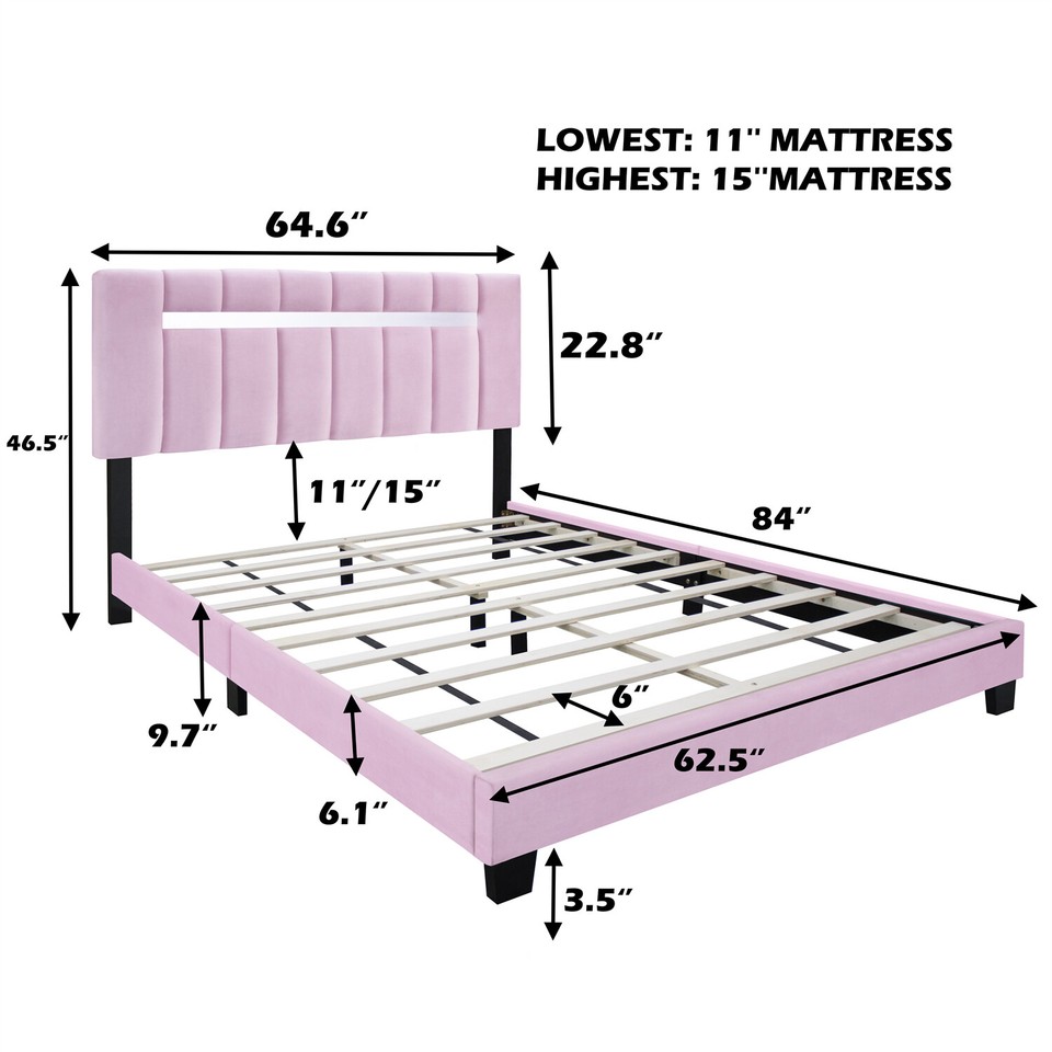 Queen Size Upholstered Platform Bed Frame with Headboard Pink/Green