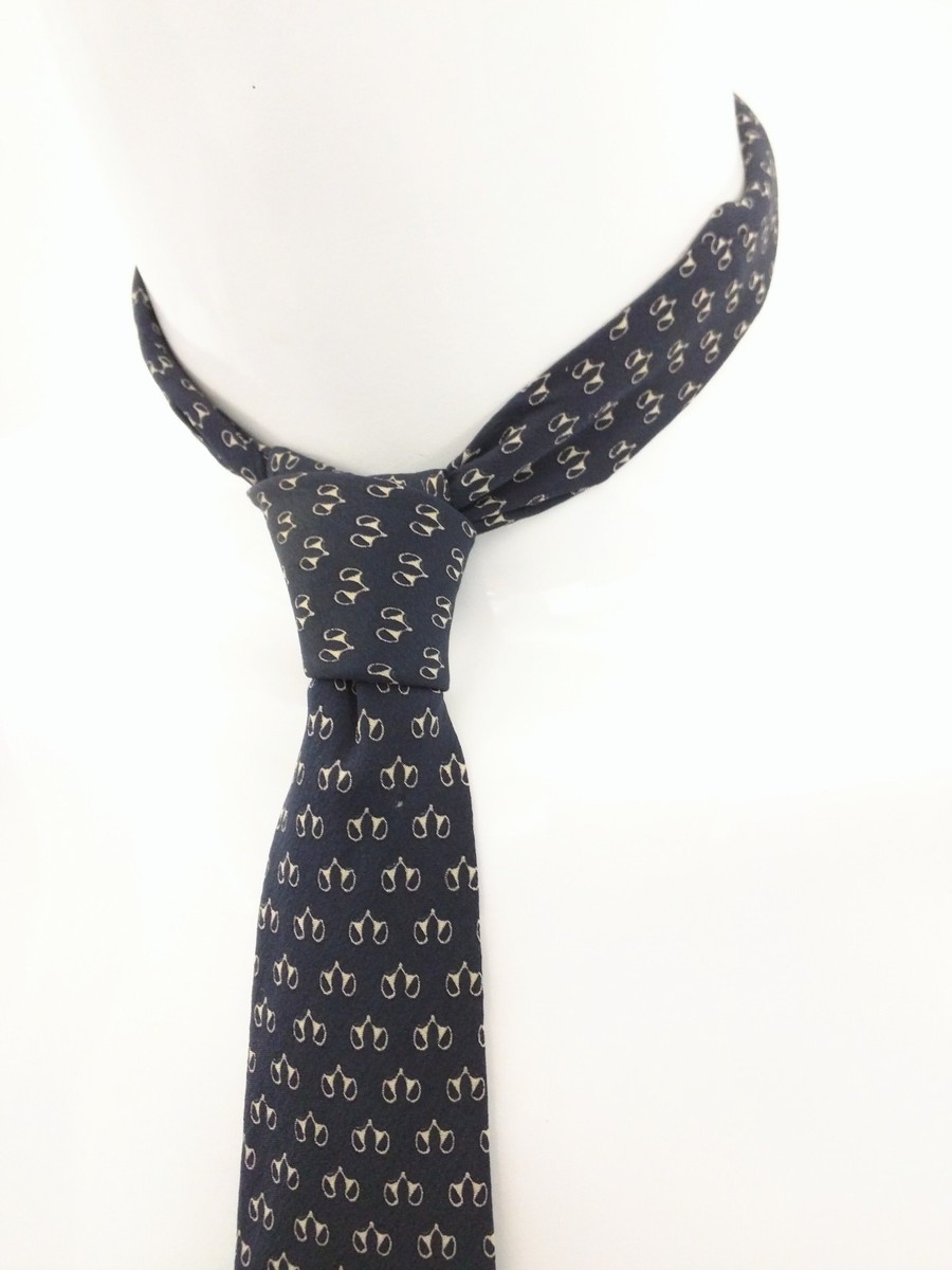 BALLY Navy Red Stripe Horse Bit All Over Pattern Mens Silk