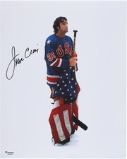 Jim Craig Team USA Signed 16x20 1980 Olympics Holding Stick & Flag Photograph
